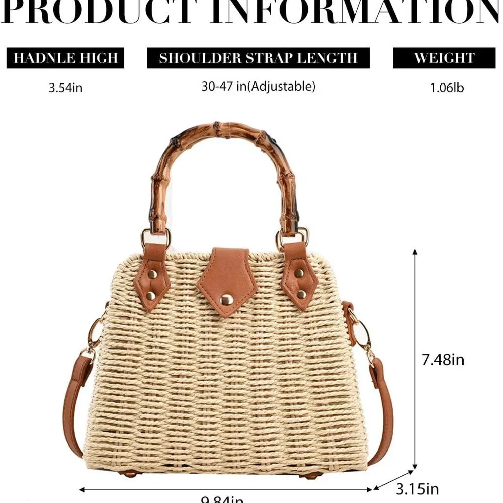 Straw Purses for Women Trendy Summer Woven Tote Bag Straw Basket Crossbody Wicke - Picture 4 of 7